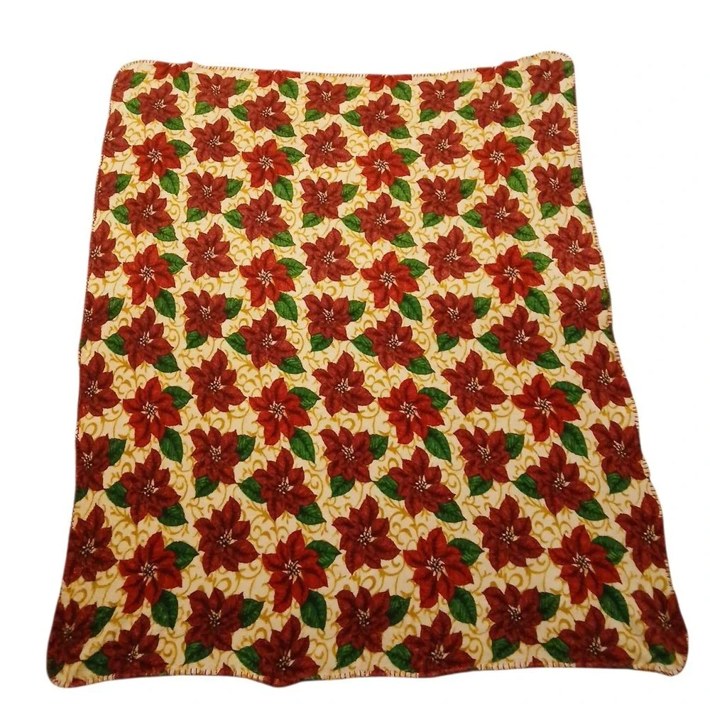 2 Soft Christmas Decor Throw Blankets Red Poinsettia & Blue Snowflakes 55
